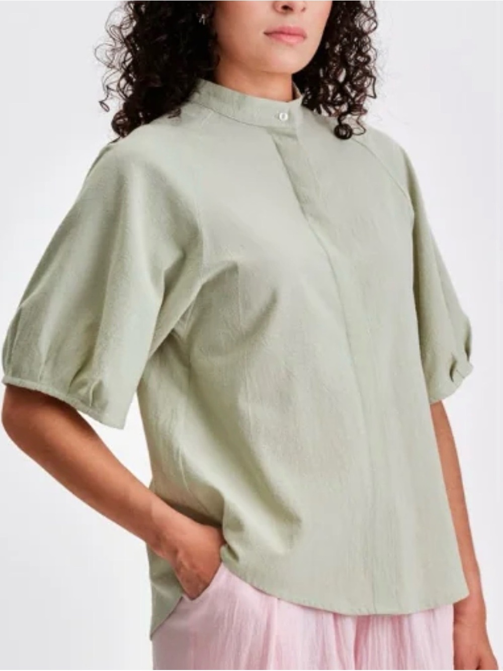 Jennifer Glasgow Hydra blouse in light sage.